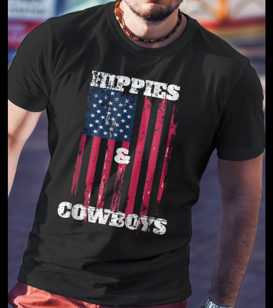 Hippies Cowboys And American Flag Distressed Look T-Shirt