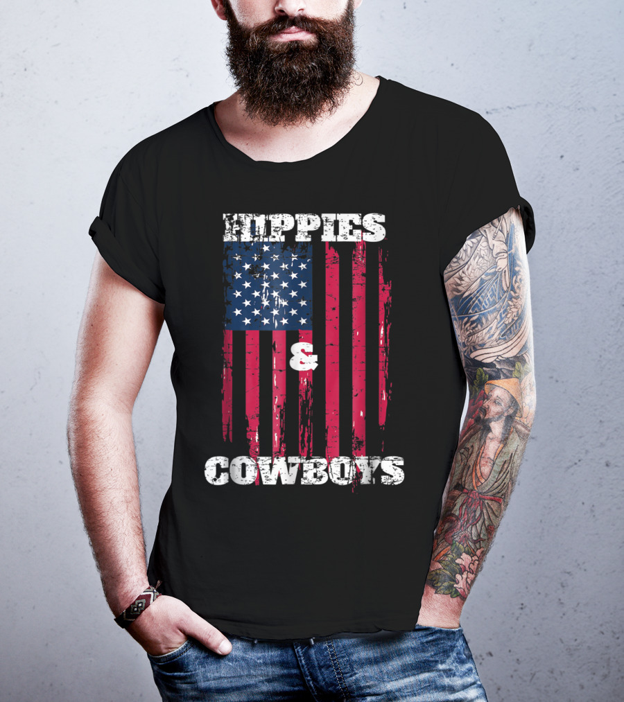 Hippies Cowboys And American Flag Distressed Look T-Shirt
