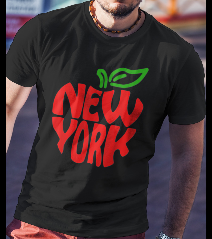New York Big Apple Red Typography With Green Leaf T-Shirt