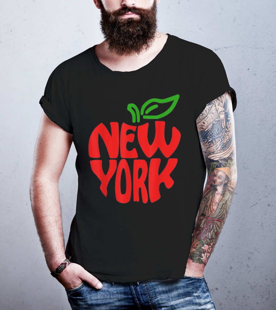 New York Big Apple Red Typography With Green Leaf T-Shirt