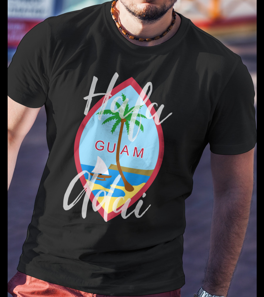 Hafa Adai Guam Palm Tree Beach Sailboat Emblem T-Shirt