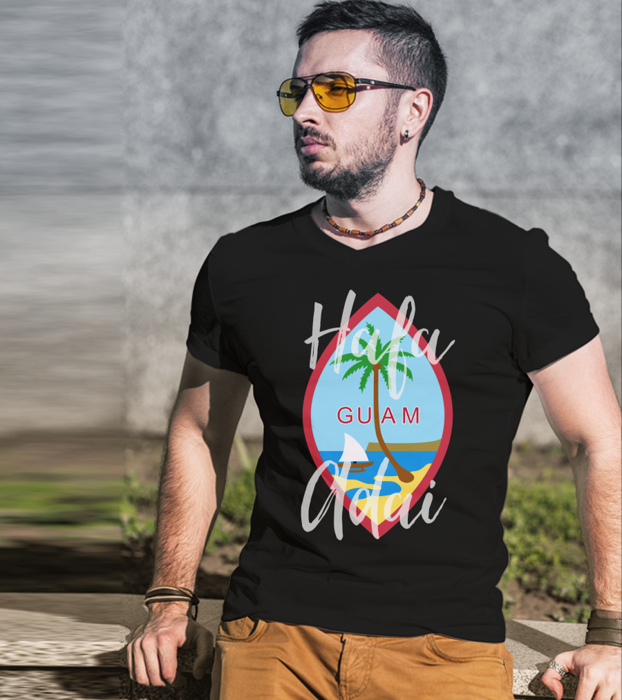 Hafa Adai Guam Palm Tree Beach Sailboat Emblem T-Shirt