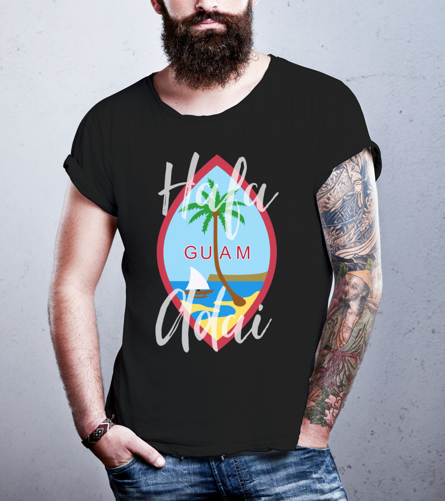 Hafa Adai Guam Palm Tree Beach Sailboat Emblem T-Shirt