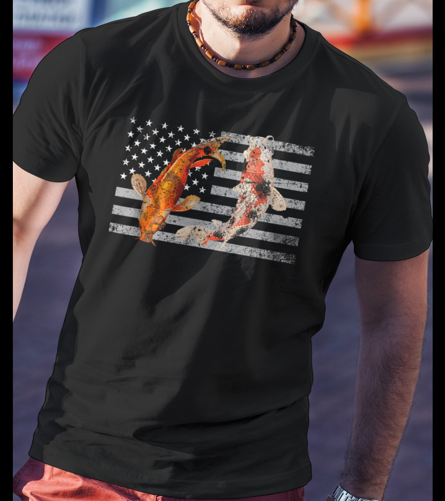USA Flag With Japanese Koi Fish And Koi Carp T-Shirt