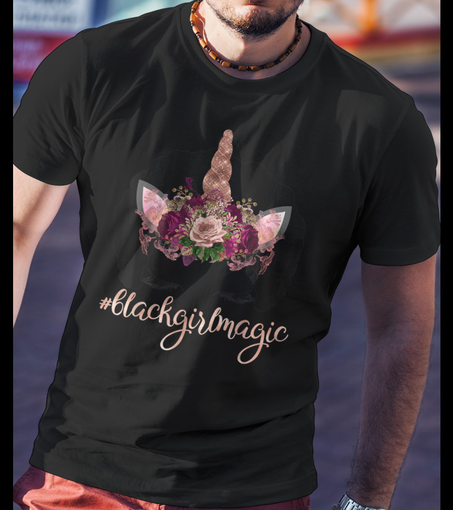 BlackGirlMagic Afro Unicorn Face With Floral Rose T-Shirt