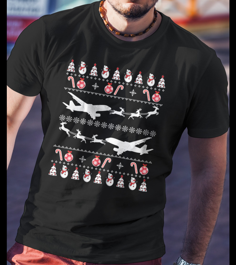 Airplanes Ugly Christmas Sweater Reindeer Snowman Candy Cane Holiday T-Shirt