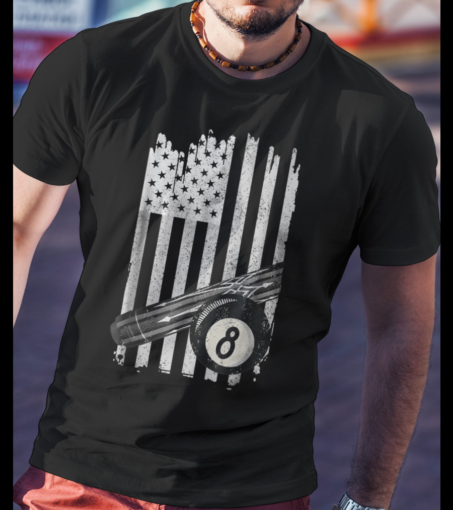 American Flag Billiard Cue And 8 Ball Pool Table T-Shirt
