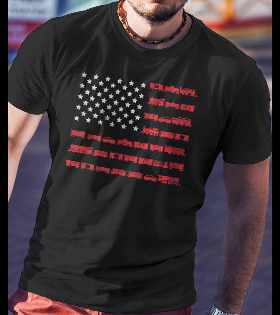 American Flag Made Of Red Railroad Trains And White Stars T-Shirt