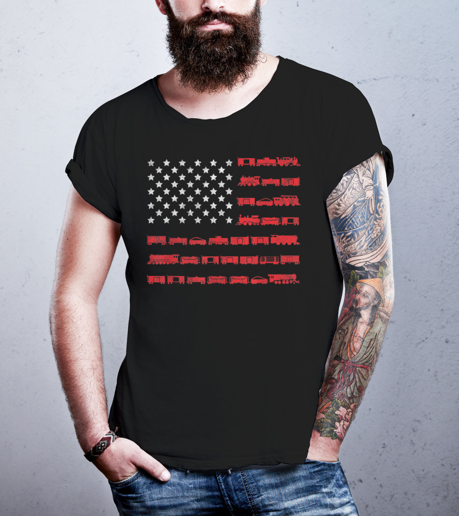 American Flag Made Of Red Railroad Trains And White Stars T-Shirt