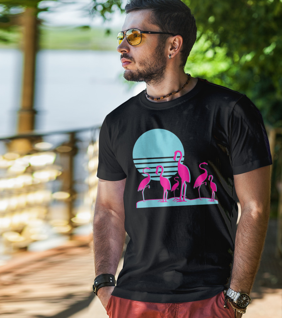 Flamingos Aesthetic Vaporwave 1980s Sunset Sundown Retro Synthwave T-Shirt