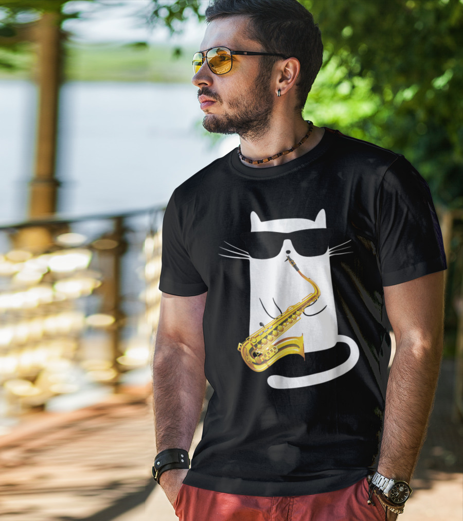 Funny Cat Playing Saxophone With Sunglasses T-Shirt
