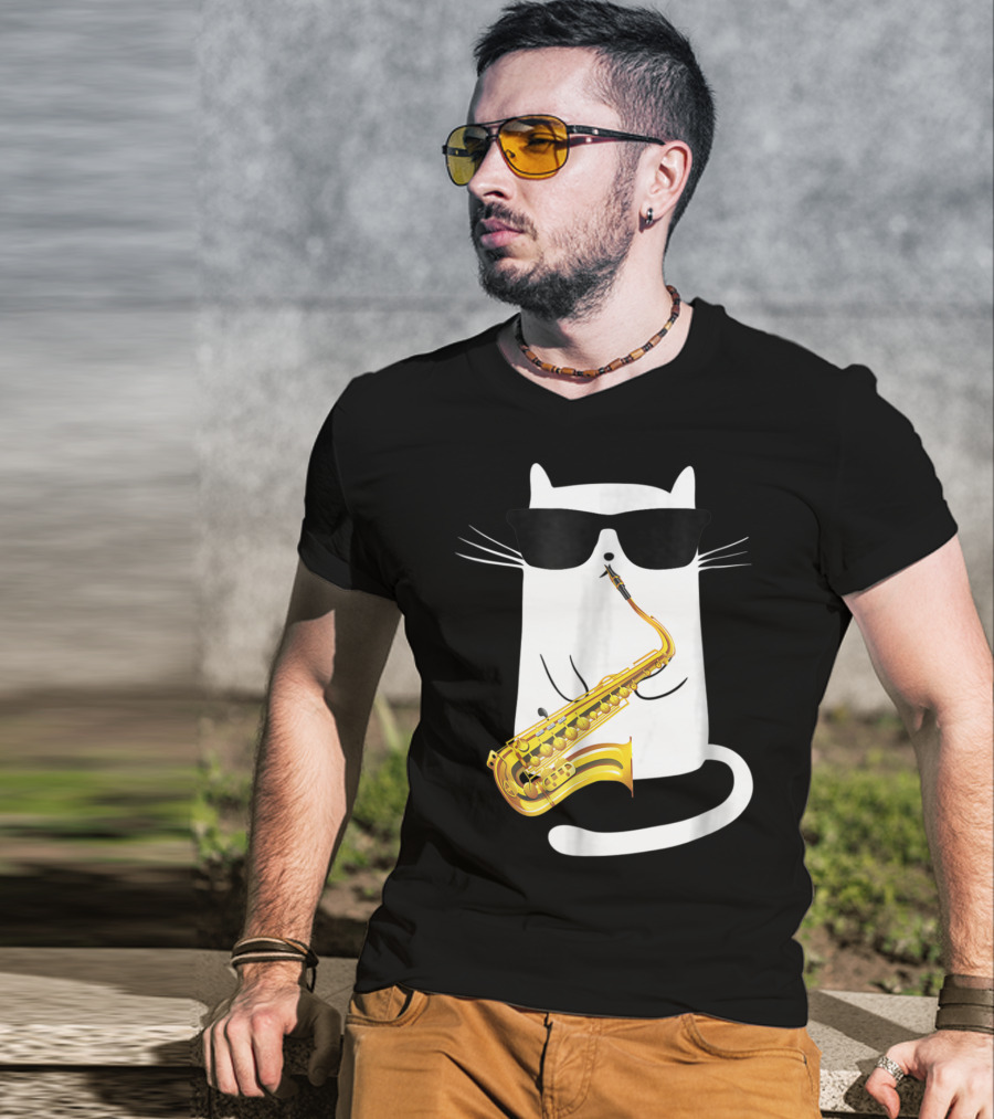 Funny Cat Playing Saxophone With Sunglasses T-Shirt