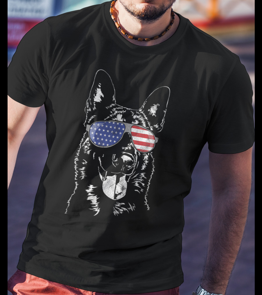Funny Proud Belgian Malinois Dog In American Flag Sunglasses T-Shirt