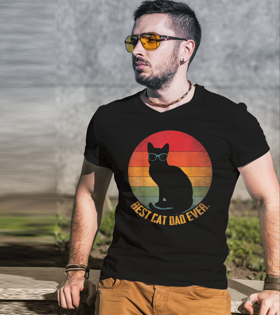 Vintage Sunset Best Cat Dad Ever Silhouette With Sunglasses T-Shirt