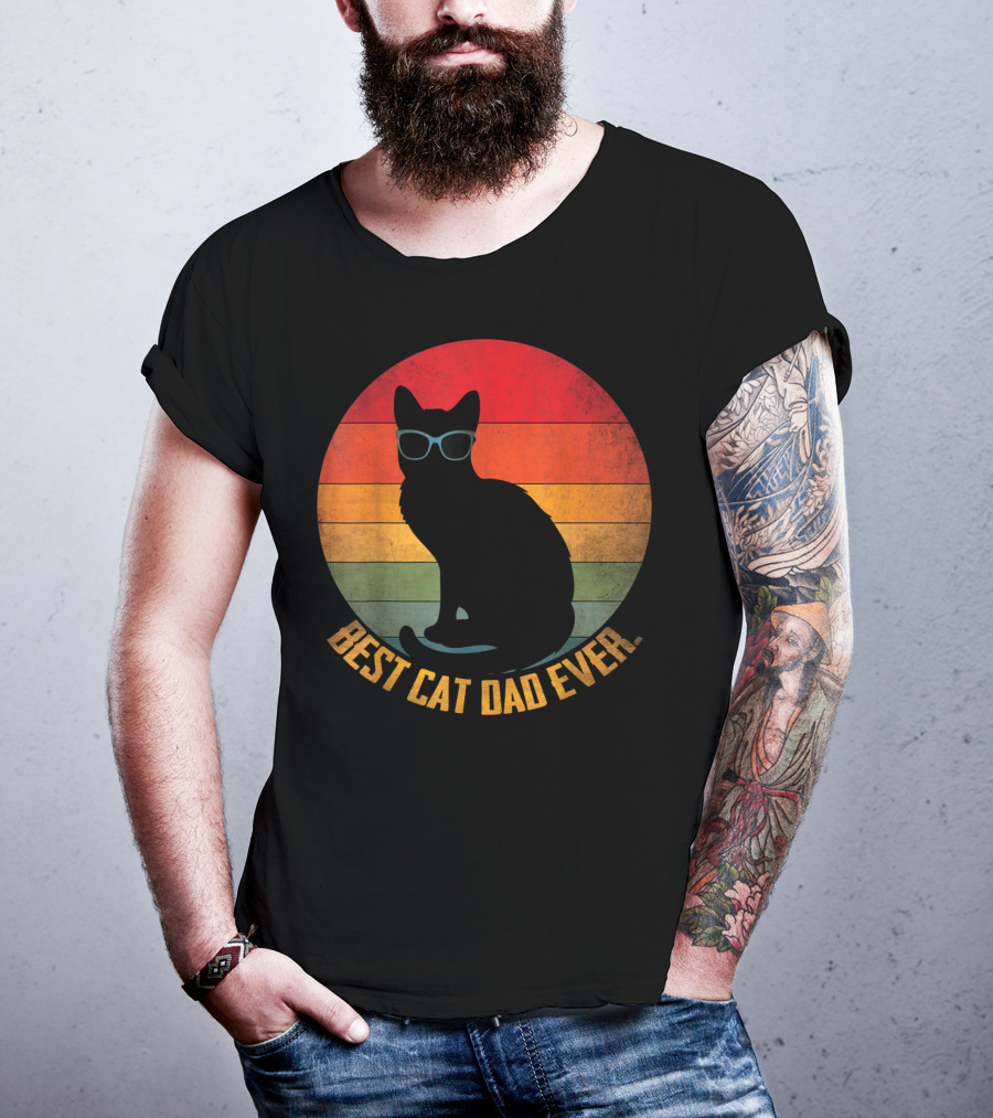 Vintage Sunset Best Cat Dad Ever Silhouette With Sunglasses T-Shirt