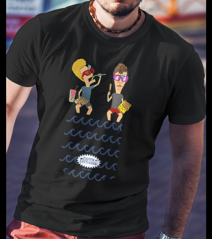 Beavis And Butthead Poolside Snacks With Nachos And Candy Corn Spectacles Waves T-Shirt