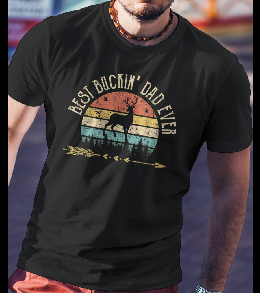 Best Buckin' Dad Ever Papa Deer Hunting Retro Sunset T-Shirt