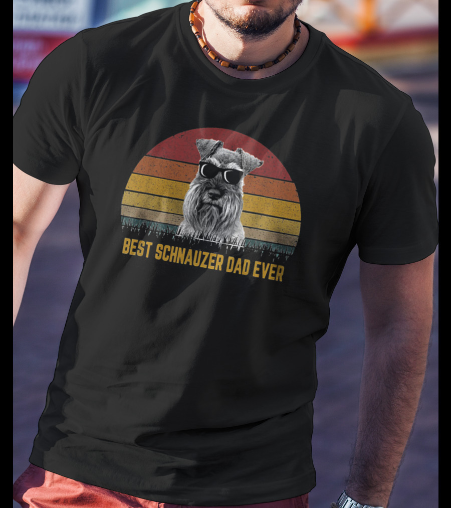 Best Schnauzer Dad Ever Funny Pet Dog Retro Sunset Sunglasses T-Shirt