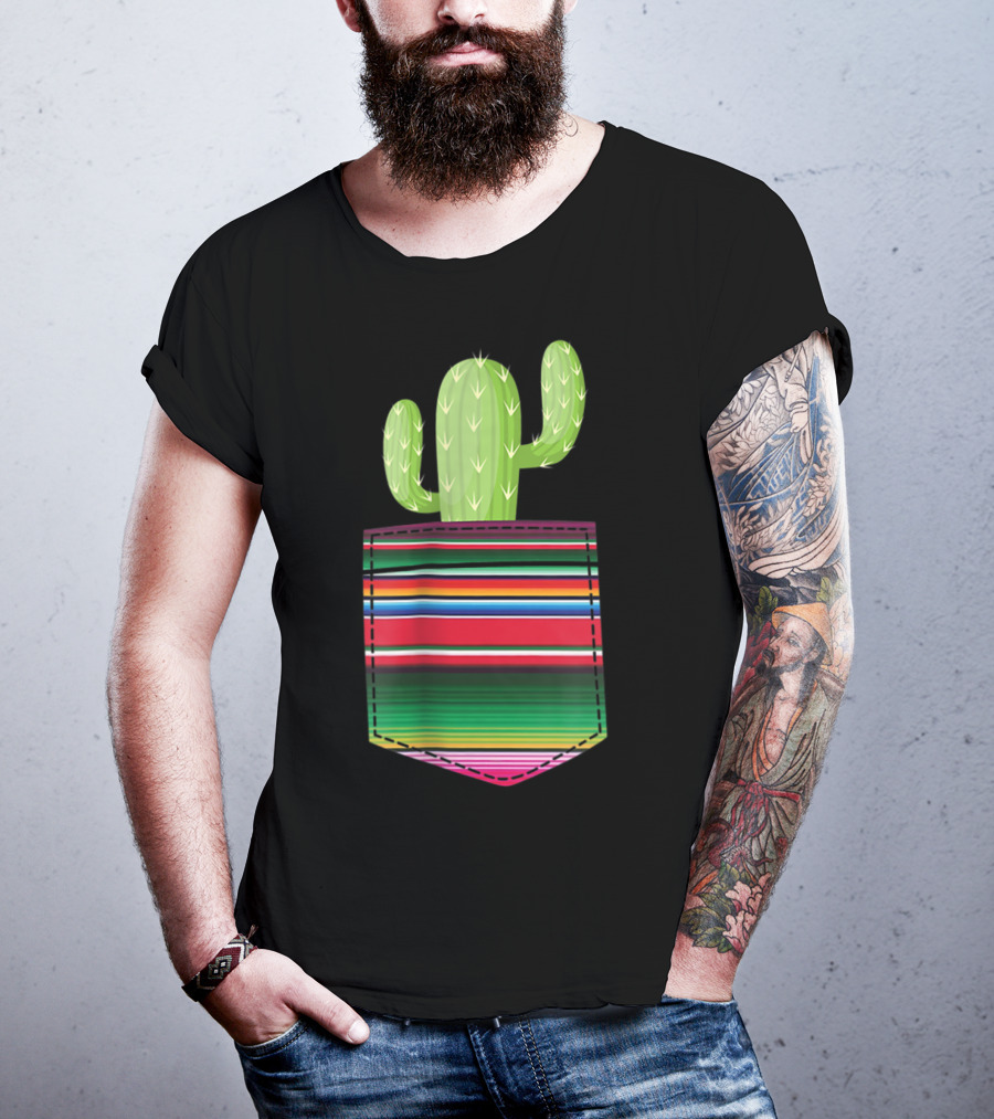 Cactus In Serape Pocket Mexican Fiesta Party T-Shirt