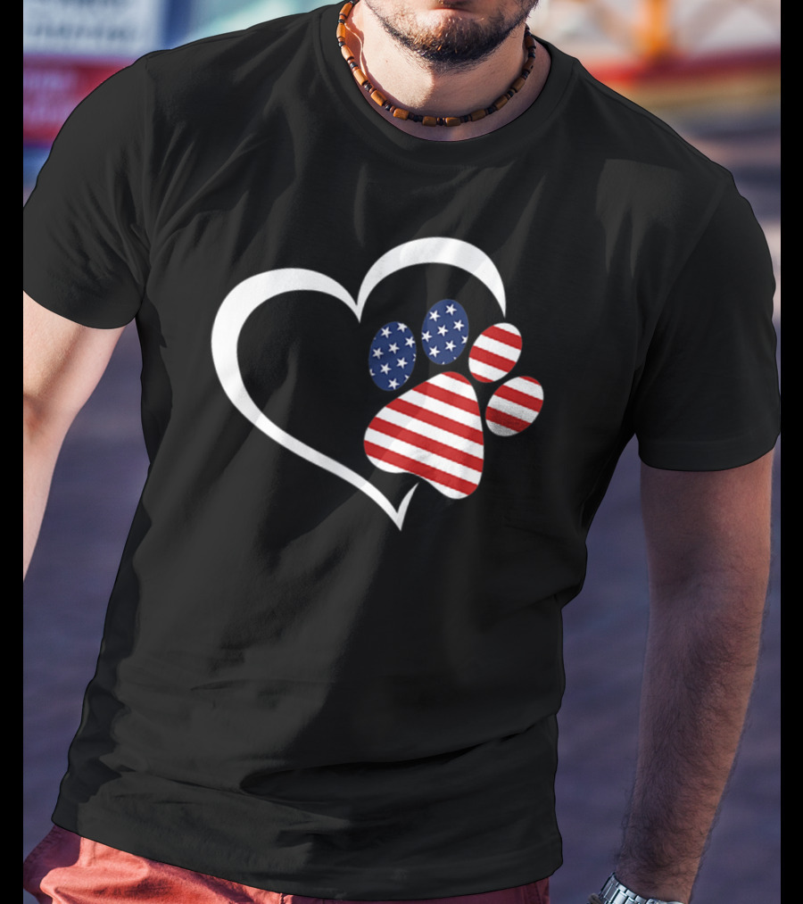 Dog Paw Heart Love Red White Blue American Flag Patriotic T-Shirt