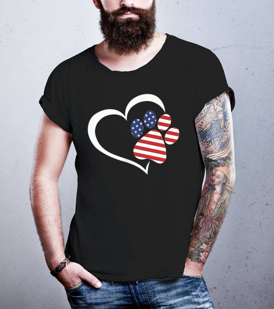 Dog Paw Heart Love Red White Blue American Flag Patriotic T-Shirt