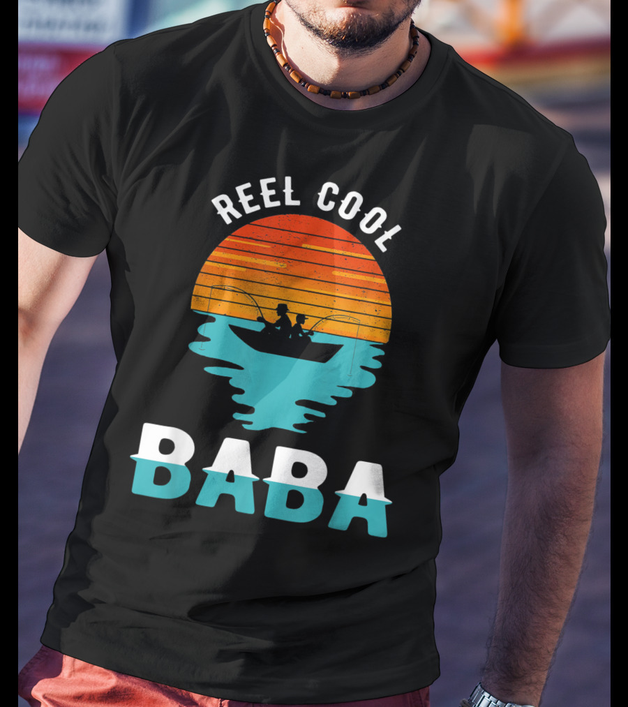 Reel Cool Baba Father's Day Fishing Silhouette Sunset T-Shirt