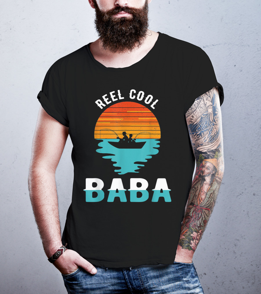 Reel Cool Baba Father's Day Fishing Silhouette Sunset T-Shirt