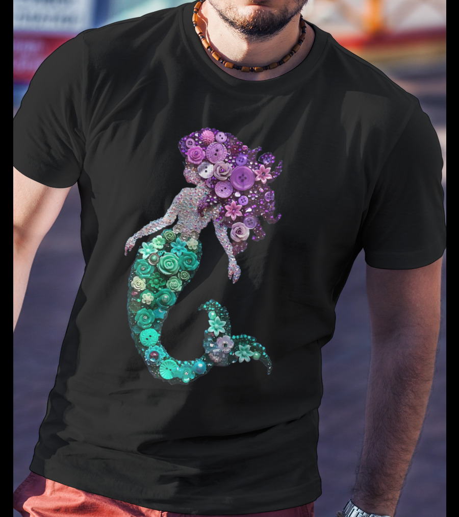 Flower Mermaid Purple Green Buttons T-Shirt