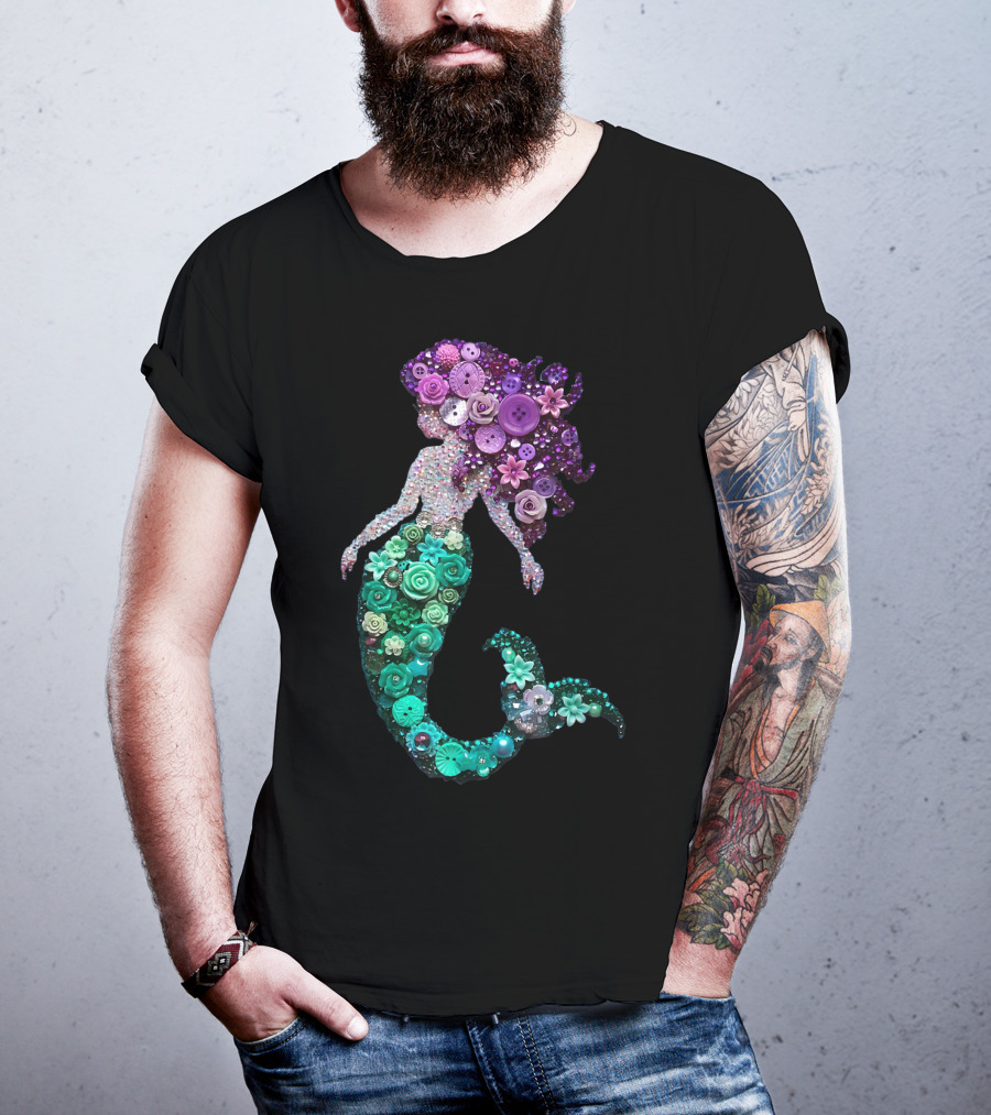 Flower Mermaid Purple Green Buttons T-Shirt