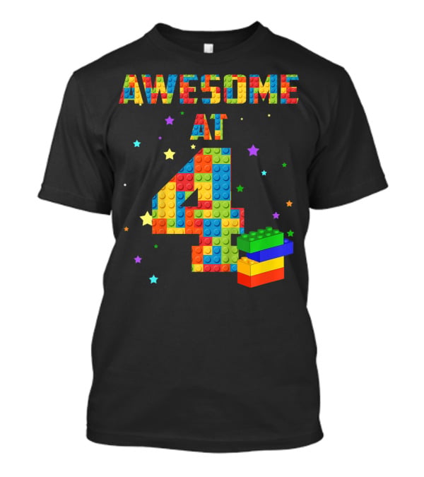 AWESOME AT 4 Building Blocks Kids Birthday T-Shirt
