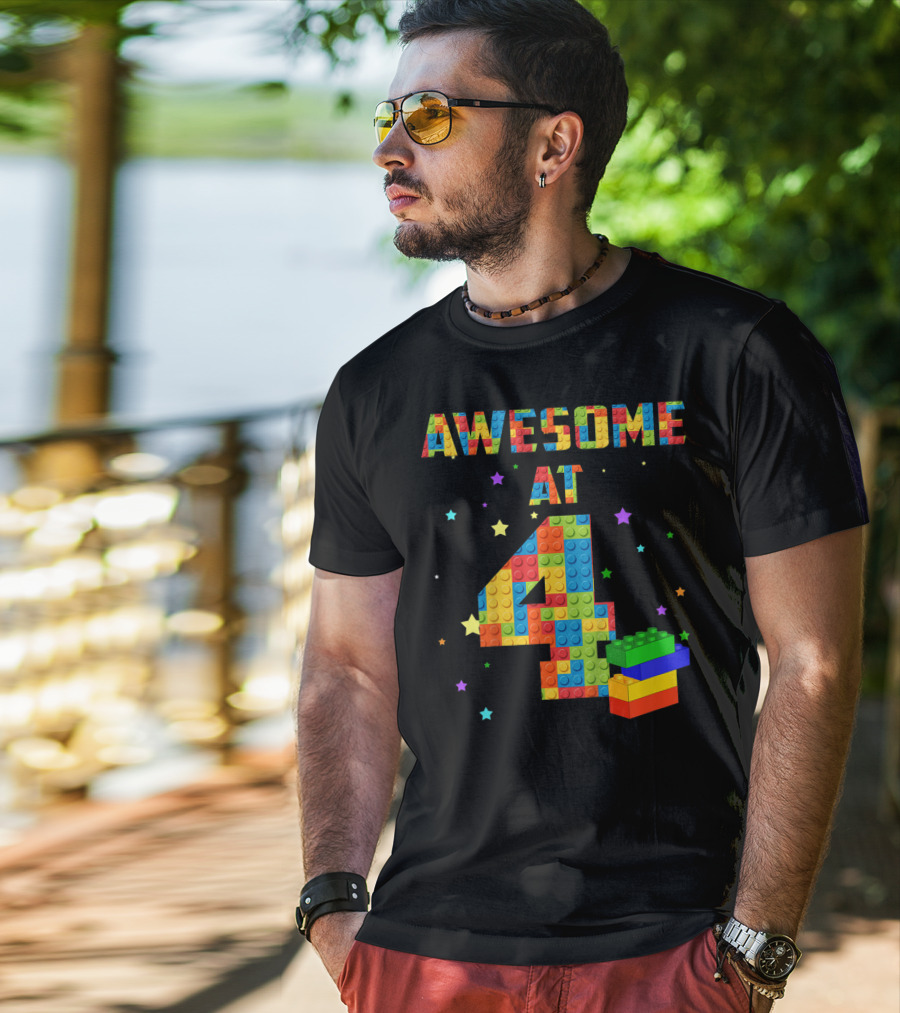 AWESOME AT 4 Building Blocks Kids Birthday T-Shirt
