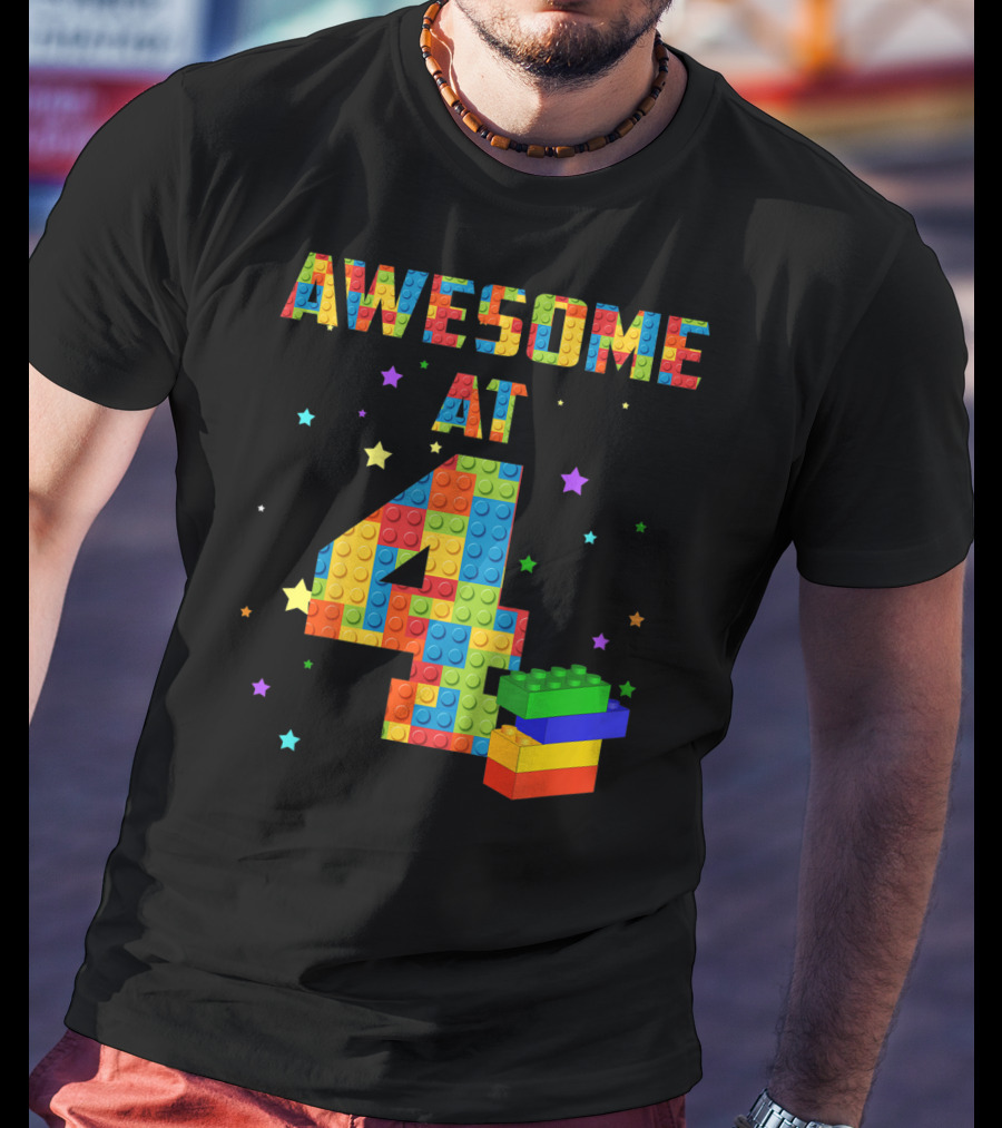 AWESOME AT 4 Building Blocks Kids Birthday T-Shirt