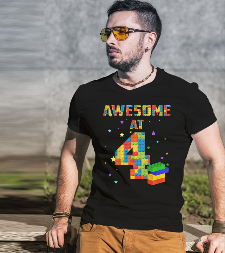 AWESOME AT 4 Building Blocks Kids Birthday T-Shirt