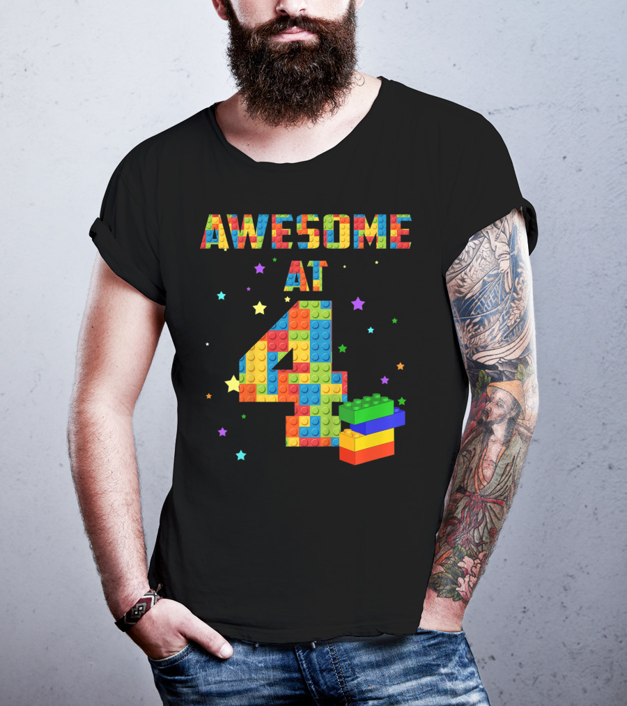 AWESOME AT 4 Building Blocks Kids Birthday T-Shirt