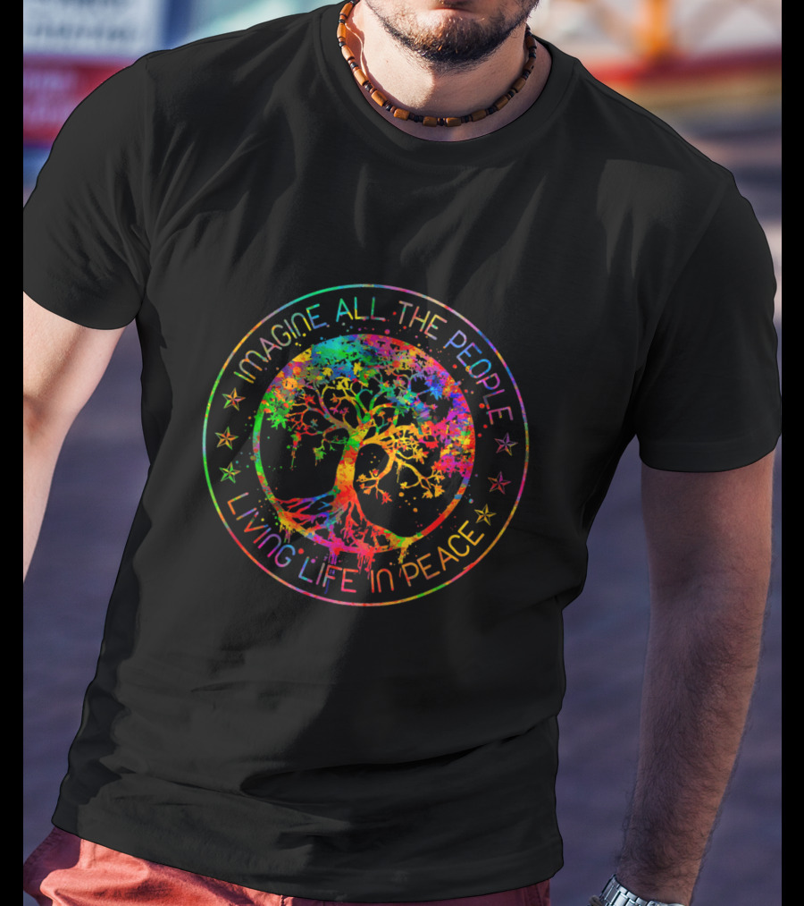 Imagine All The People Living Life In Peace Tree Symbol Multicolor Star Circle T-Shirt