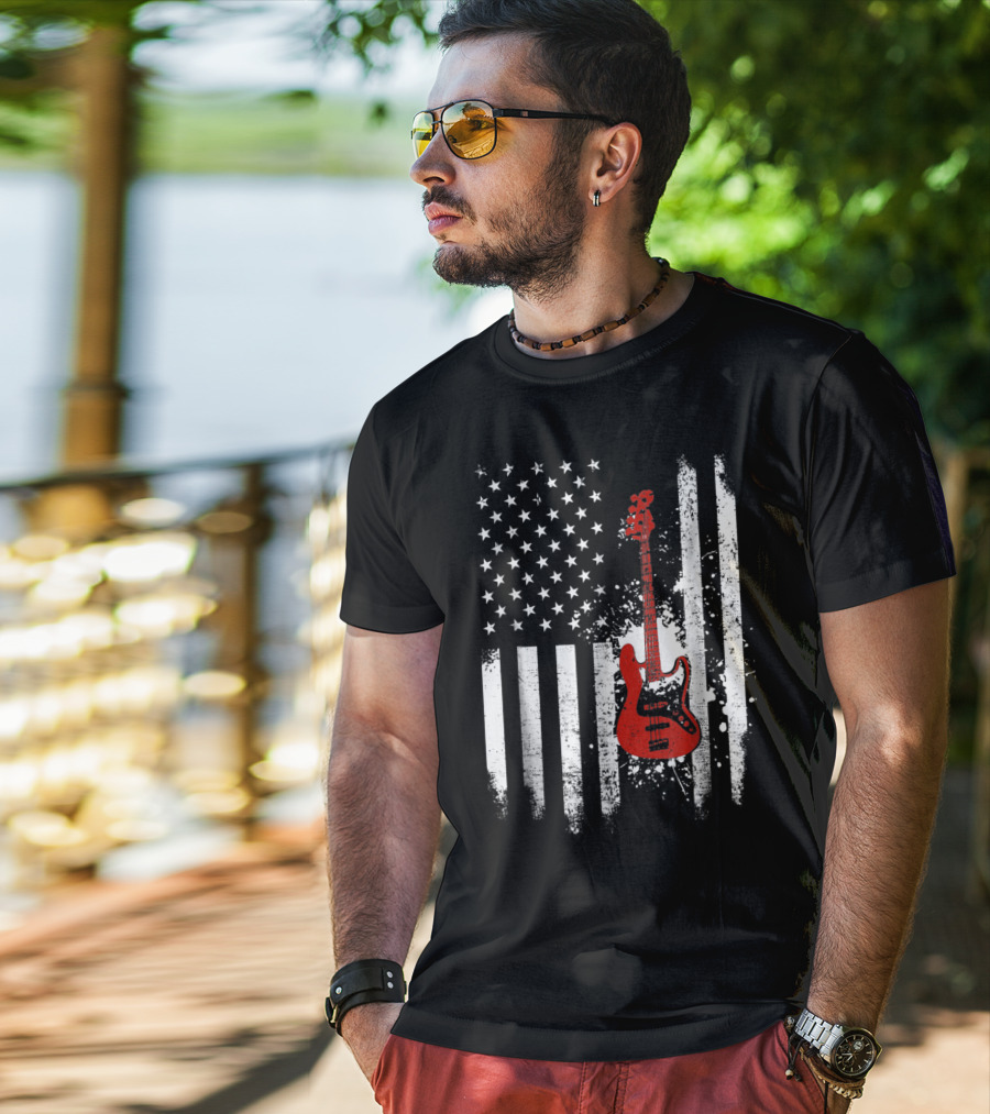Bass Guitar Red White Stars Stripes American Flag T-Shirt