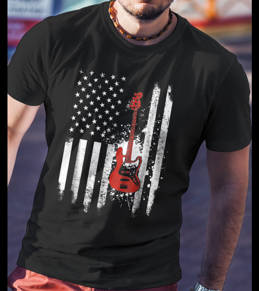 Bass Guitar Red White Stars Stripes American Flag T-Shirt