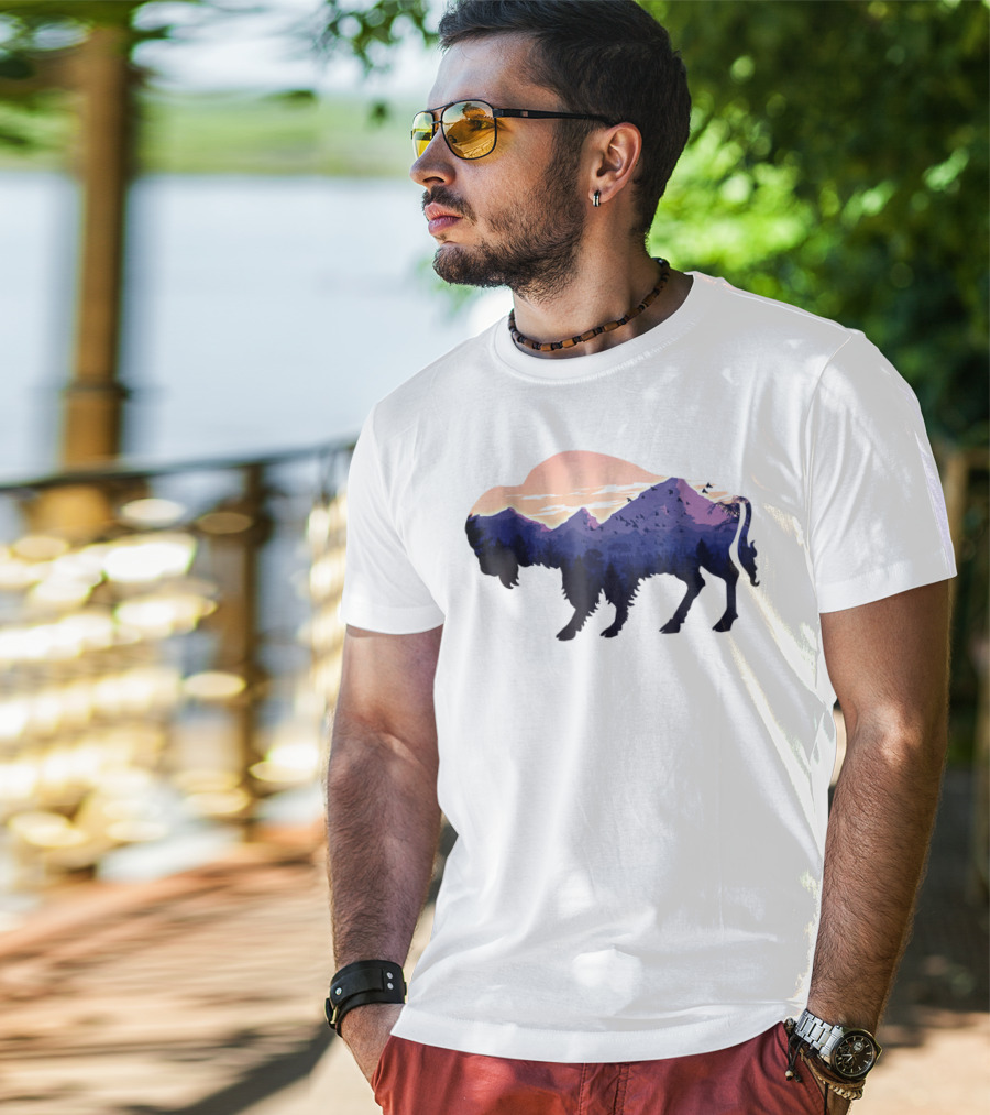 Bison Silhouette With Mountain And Forest Scene T-Shirt