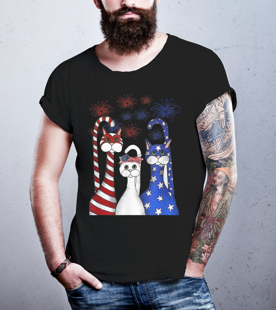 Cat Red White Blue American Flag Patriotic Fireworks T-Shirt