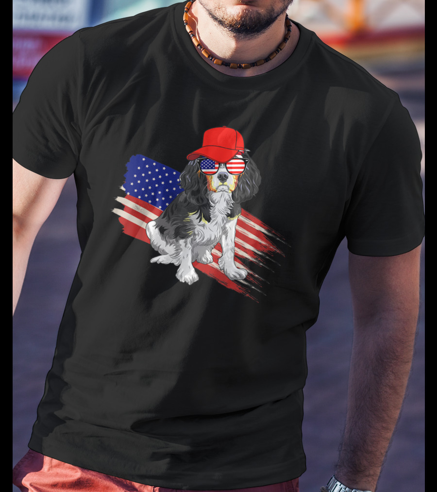 Cavalier King Charles Spaniel USA Flag Hat Sunglasses Patriotic Fourth Of July T-Shirt