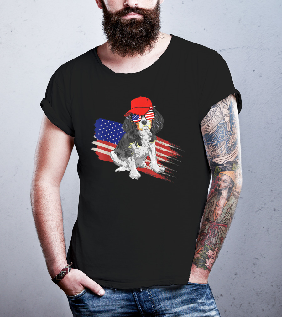 Cavalier King Charles Spaniel USA Flag Hat Sunglasses Patriotic Fourth Of July T-Shirt