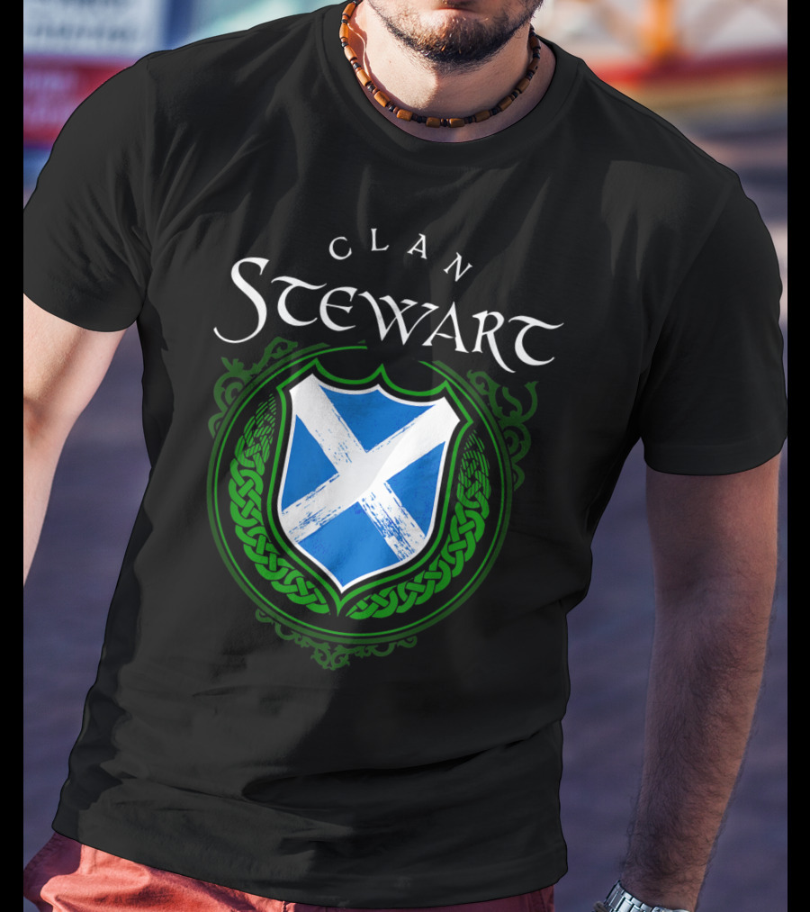 Clan Stewart Scottish Shield Scotland Flag And Green Celtic Knotwork T-Shirt