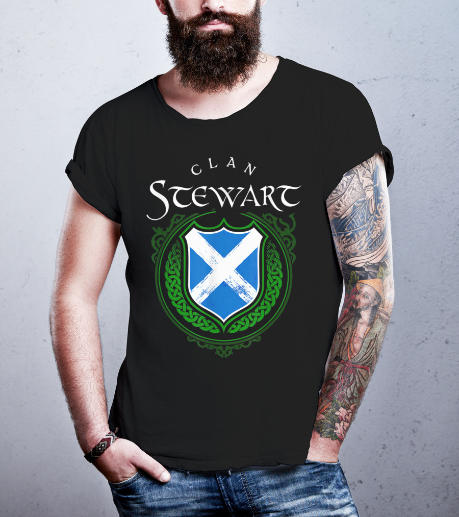 Clan Stewart Scottish Shield Scotland Flag And Green Celtic Knotwork T-Shirt