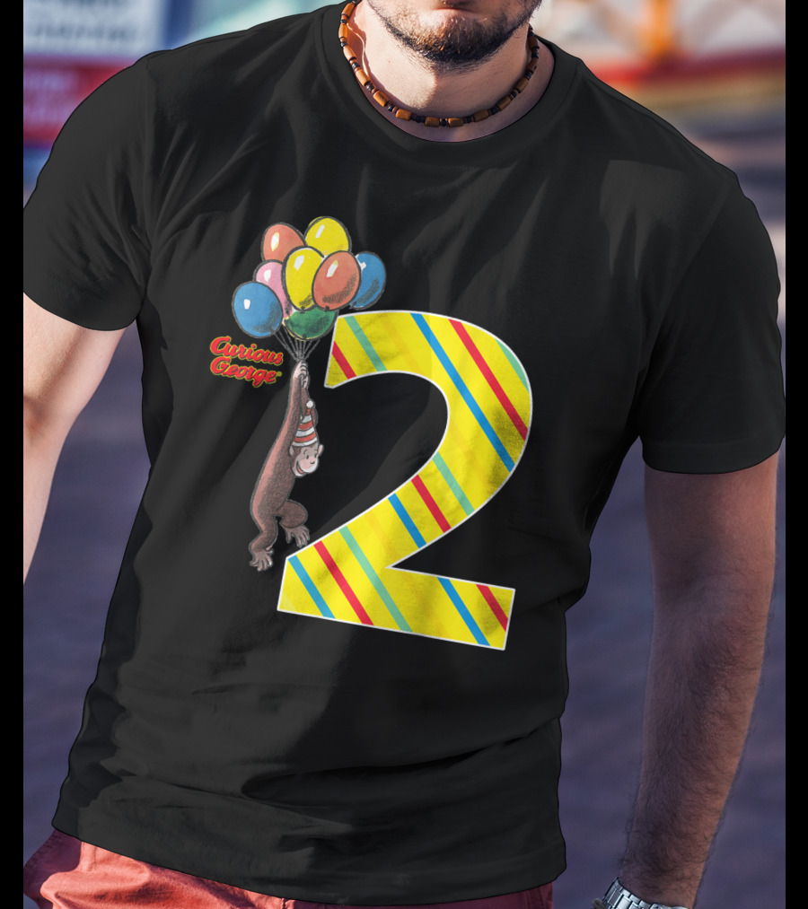 Curious George Holding Balloons Next To Colorful Striped Number 2 For Second Birthday T-Shirt