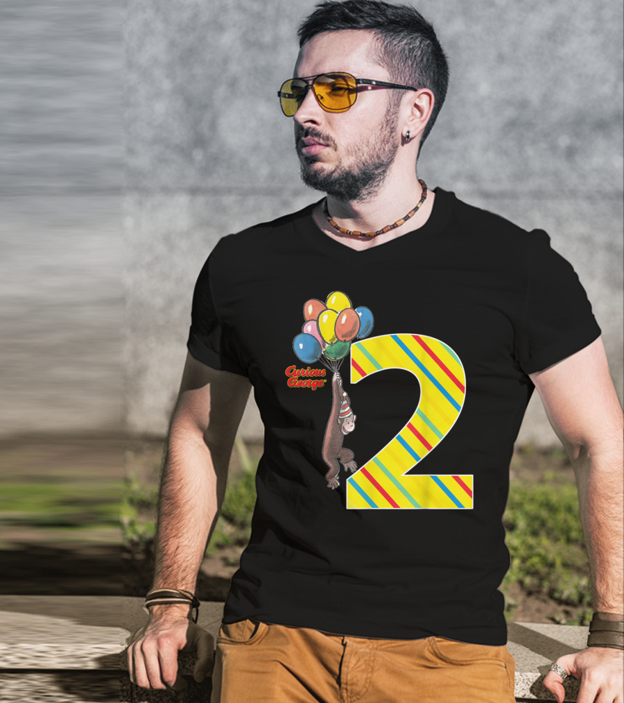 Curious George Holding Balloons Next To Colorful Striped Number 2 For Second Birthday T-Shirt