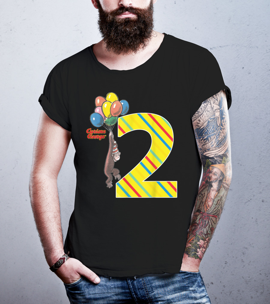 Curious George Holding Balloons Next To Colorful Striped Number 2 For Second Birthday T-Shirt