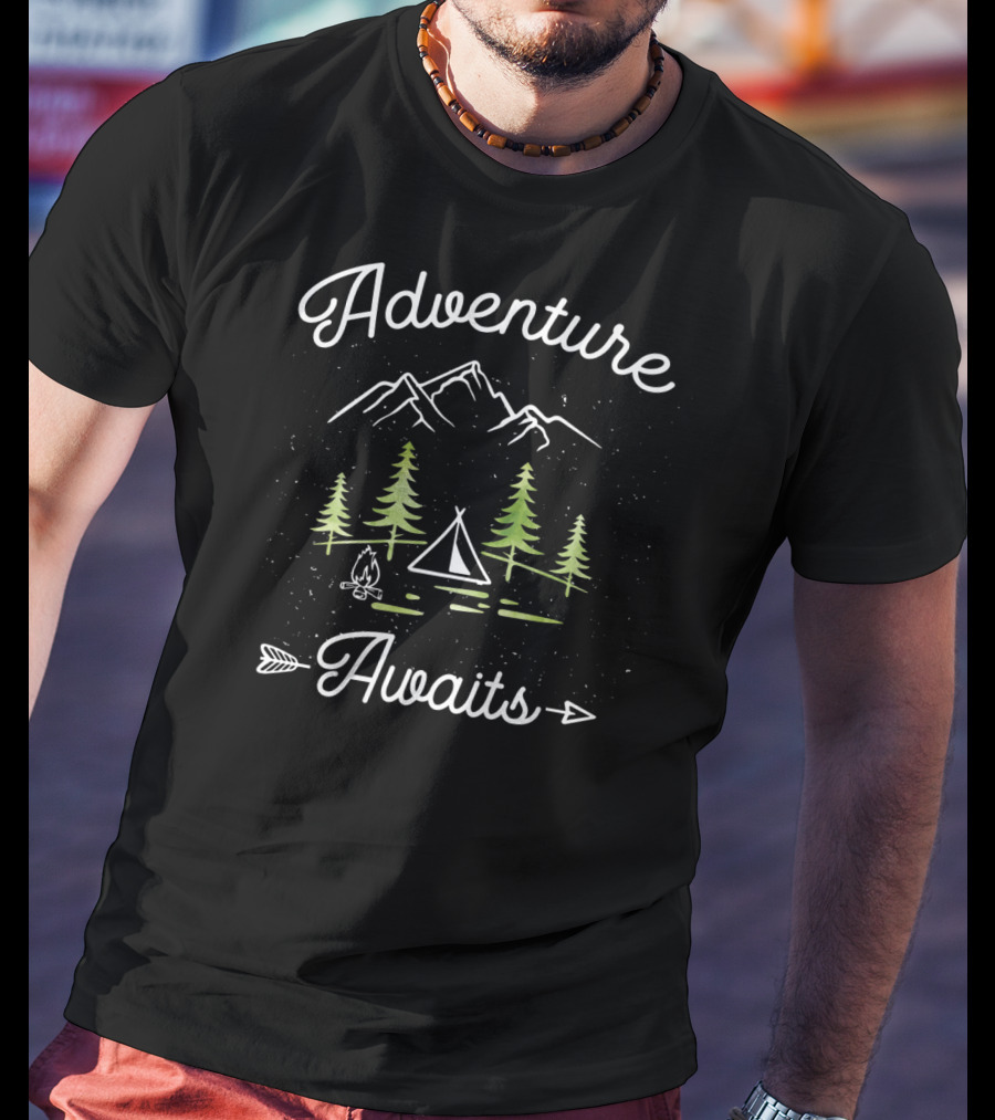 Adventure Awaits Camping Hiking Outdoor Travel Mountains Trees Tent Campfire Arrow T-Shirt