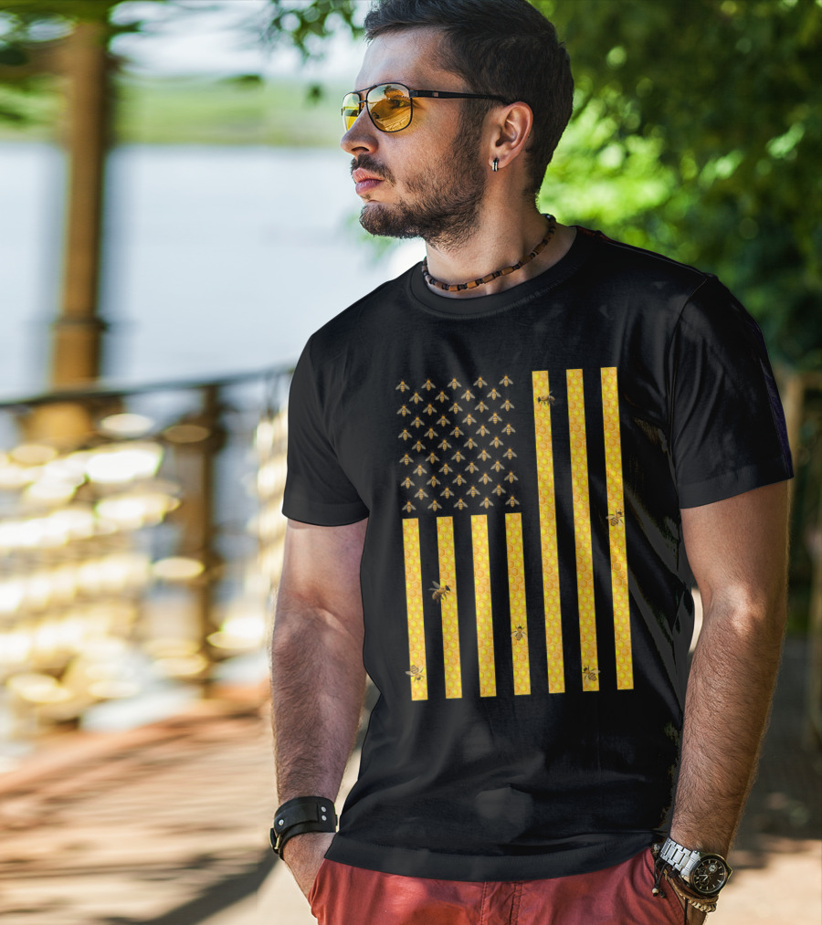 American Flag Honeycomb Honey Bee Beekeeping Beekeeper USA Patriotic T-Shirt