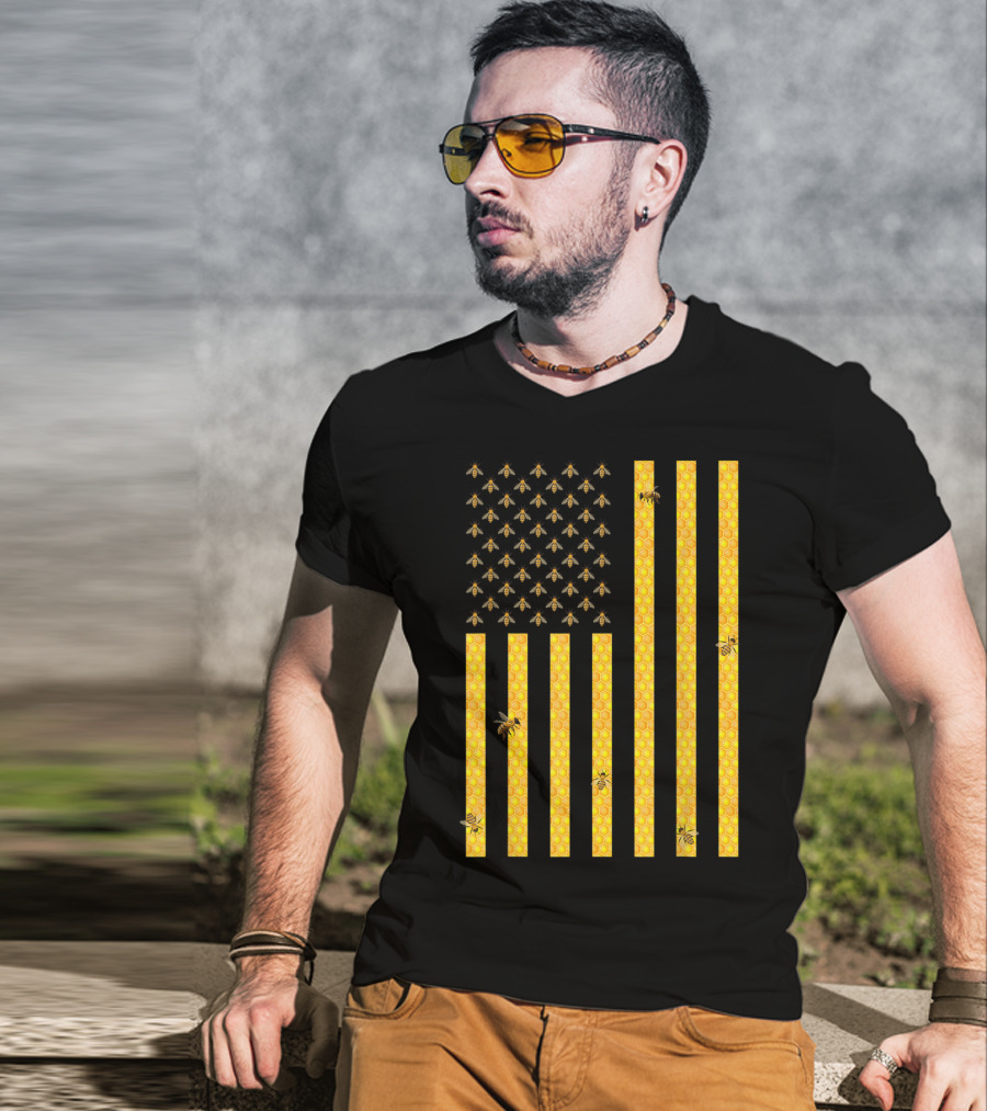 American Flag Honeycomb Honey Bee Beekeeping Beekeeper USA Patriotic T-Shirt