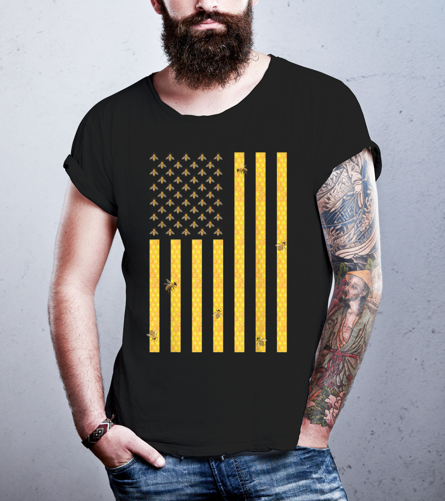 American Flag Honeycomb Honey Bee Beekeeping Beekeeper USA Patriotic T-Shirt
